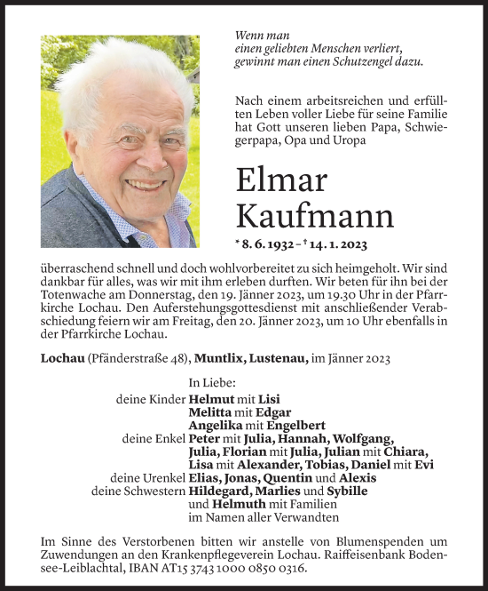 Todesanzeige von Elmar Kaufmann von Vorarlberger Nachrichten