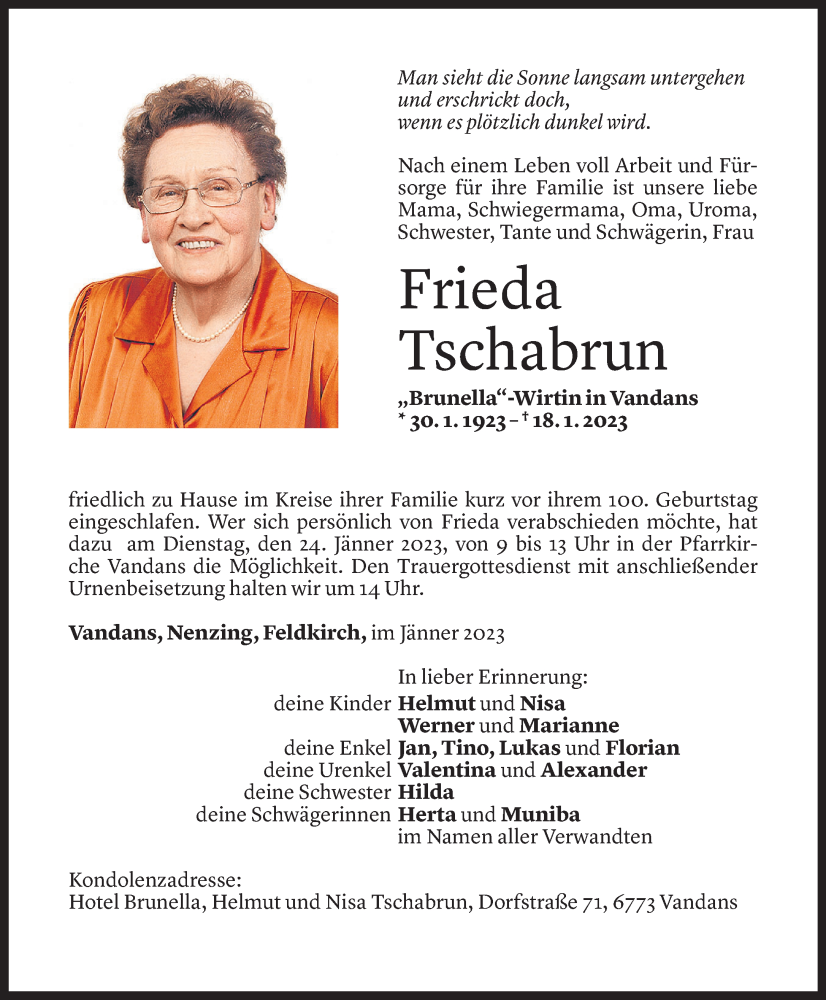  Todesanzeige für Frieda Tschabrun vom 20.01.2023 aus Vorarlberger Nachrichten