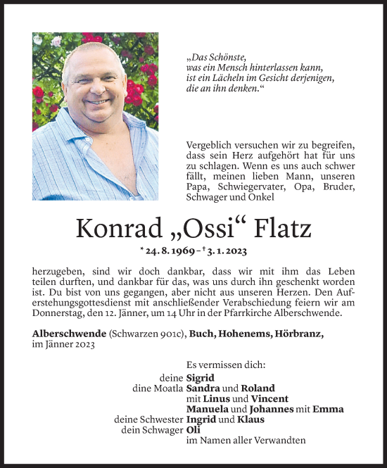 Todesanzeige von Konrad Flatz von Vorarlberger Nachrichten