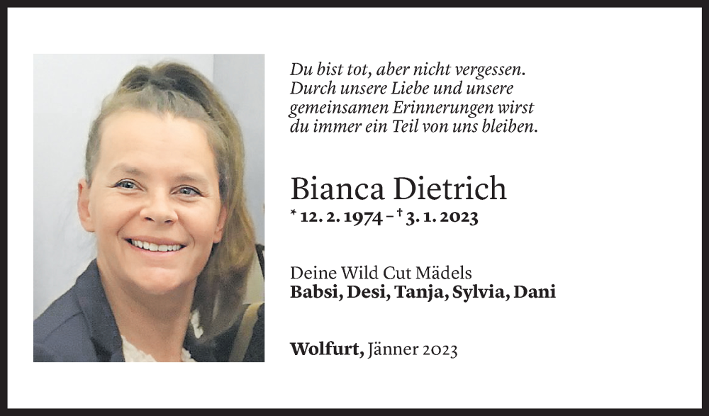  Todesanzeige für Bianca Dietrich vom 10.01.2023 aus Vorarlberger Nachrichten