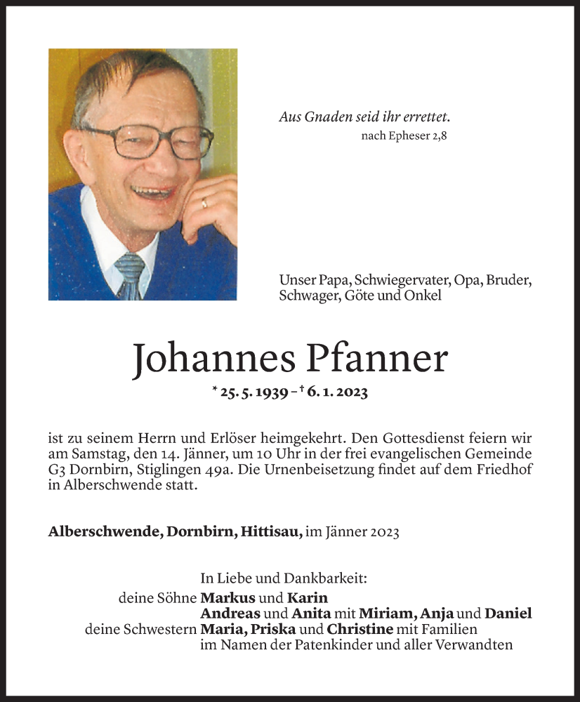  Todesanzeige für Johannes Pfanner vom 11.01.2023 aus Vorarlberger Nachrichten