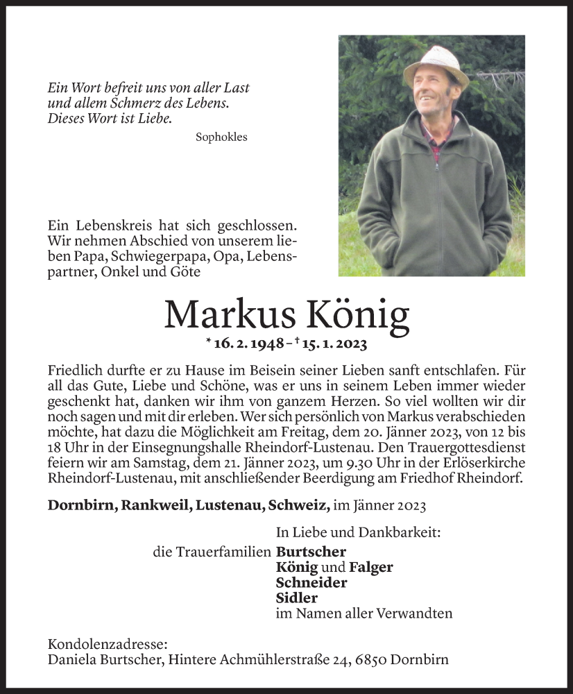  Todesanzeige für Markus König vom 17.01.2023 aus Vorarlberger Nachrichten