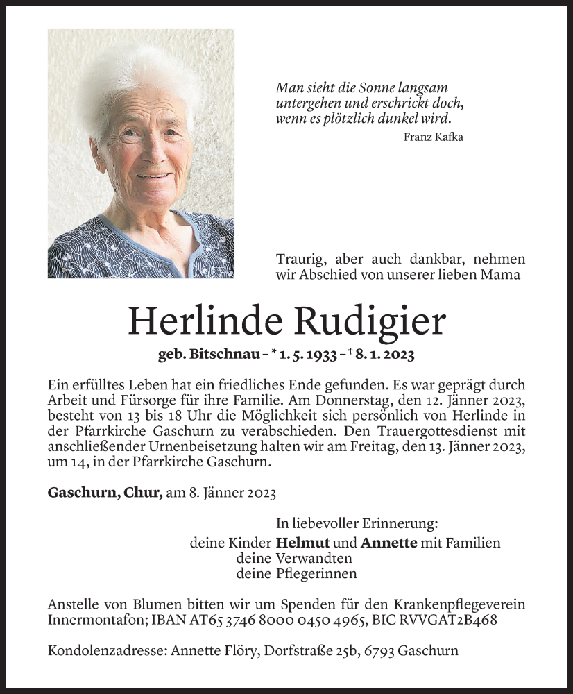  Todesanzeige für Herlinde Rudigier vom 10.01.2023 aus Vorarlberger Nachrichten