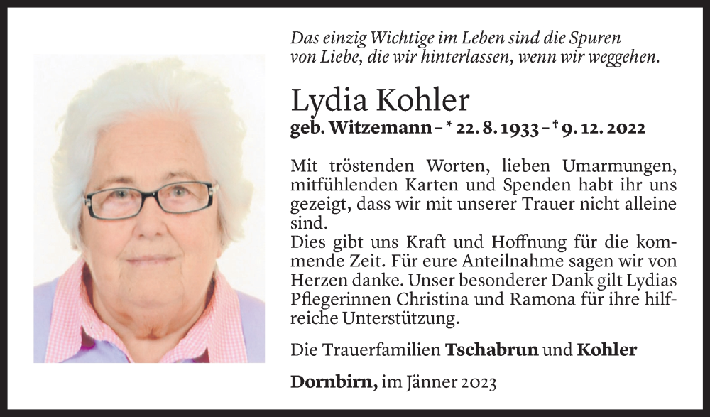  Todesanzeige für Lydia Kohler vom 23.01.2023 aus Vorarlberger Nachrichten