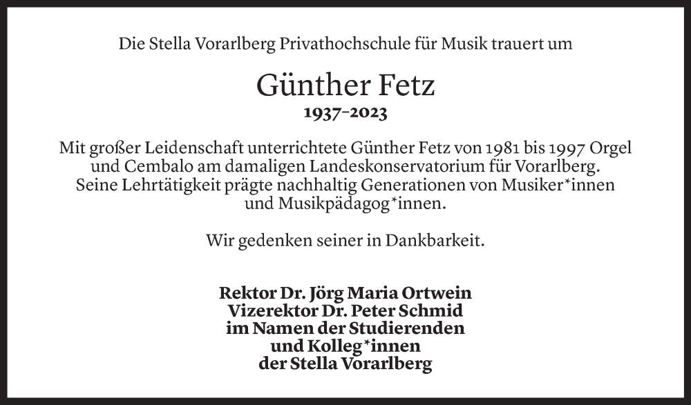  Todesanzeige für Günther Fetz vom 20.01.2023 aus Vorarlberger Nachrichten