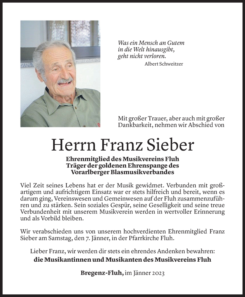  Todesanzeige für Franz Sieber vom 03.01.2023 aus Vorarlberger Nachrichten