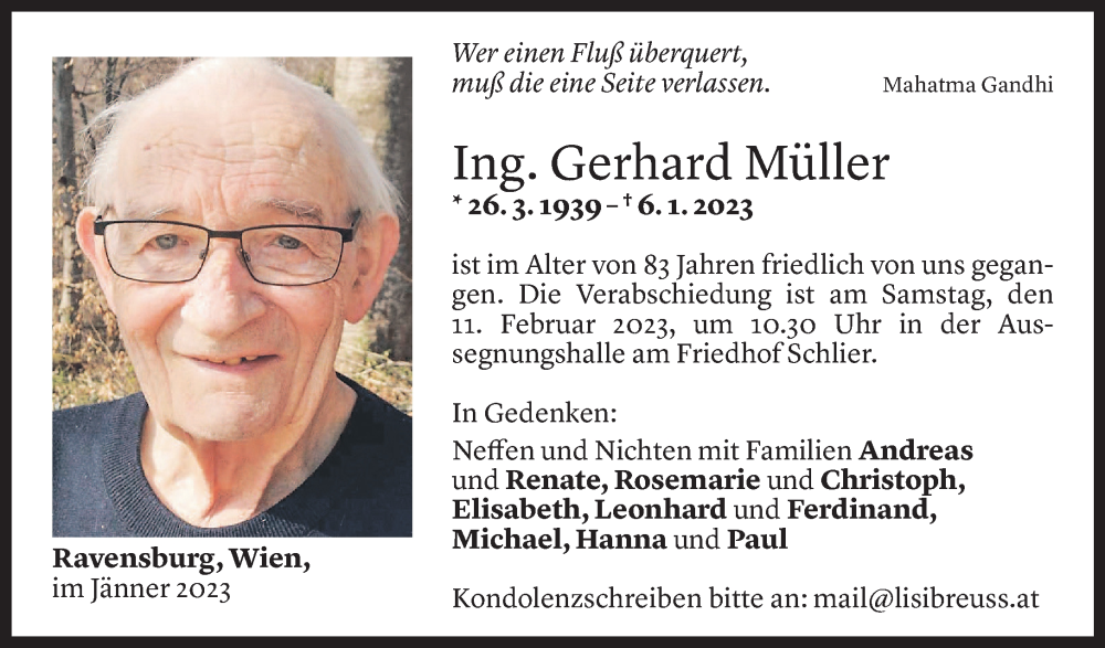  Todesanzeige für Gerhard Müller vom 27.01.2023 aus Vorarlberger Nachrichten
