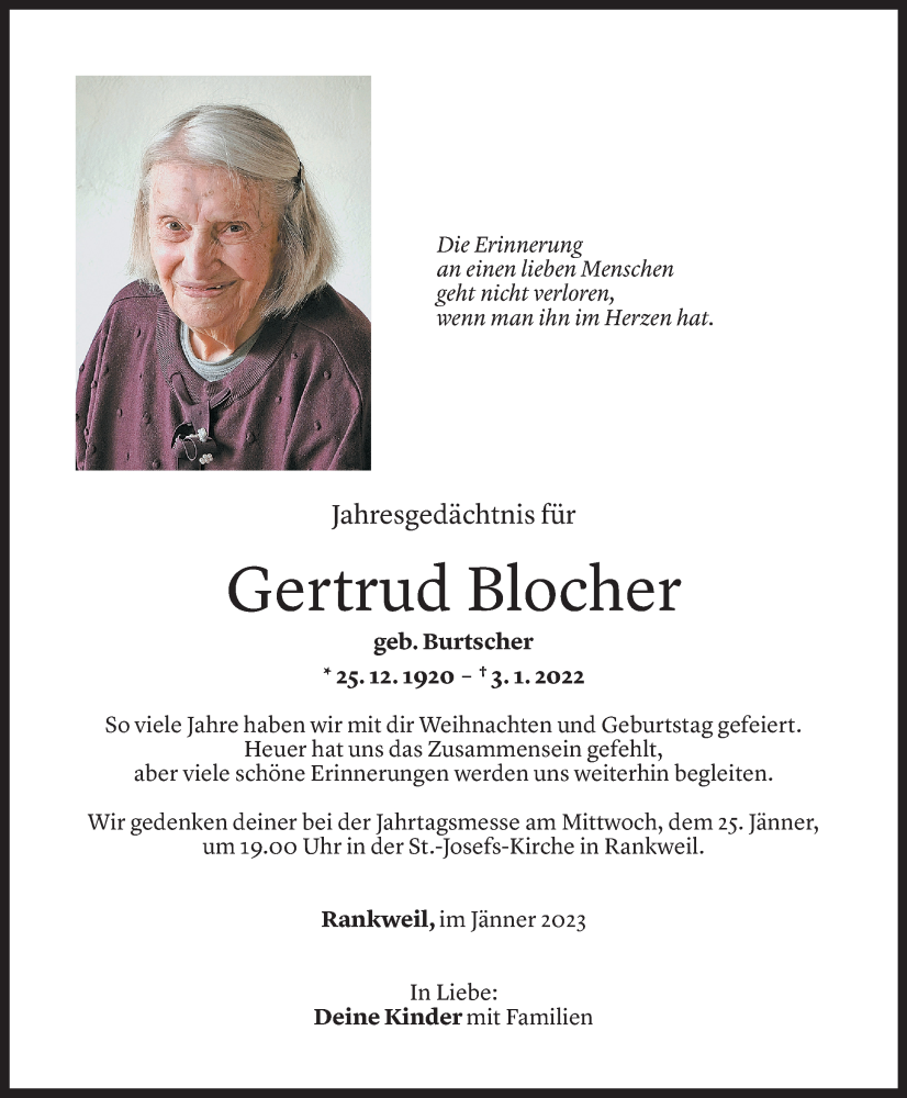  Todesanzeige für Gertrud Blocher vom 18.01.2023 aus Vorarlberger Nachrichten