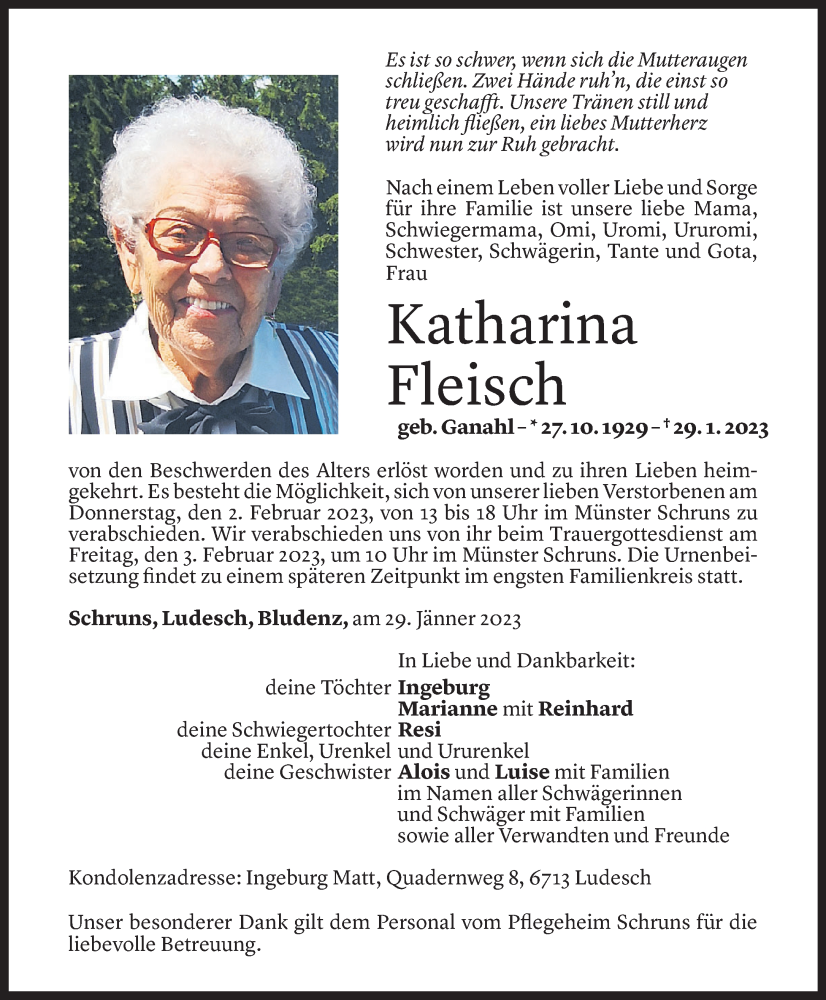  Todesanzeige für Katharina Fleisch vom 31.01.2023 aus Vorarlberger Nachrichten