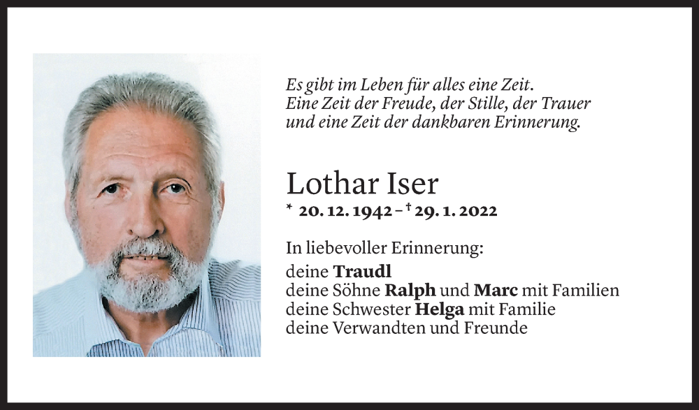  Todesanzeige für Lothar Iser vom 27.01.2023 aus Vorarlberger Nachrichten