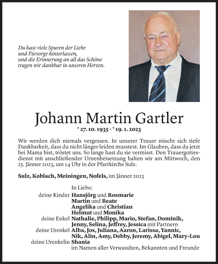  Todesanzeige für Johann Gartler vom 23.01.2023 aus Vorarlberger Nachrichten