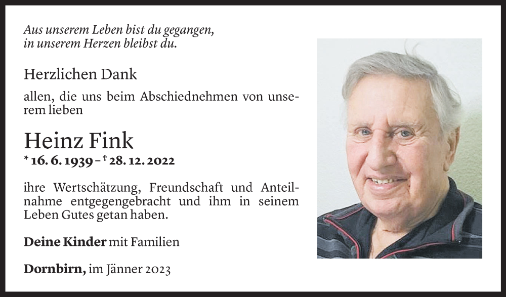  Todesanzeige für Heinz Fink vom 21.01.2023 aus Vorarlberger Nachrichten