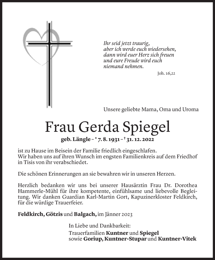  Todesanzeige für Gerda Spiegel vom 13.01.2023 aus Vorarlberger Nachrichten