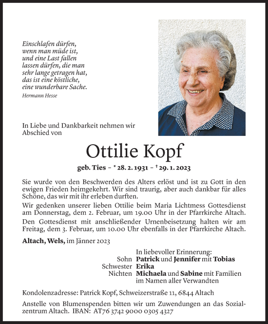 Todesanzeige von Ottilie Kopf von Vorarlberger Nachrichten