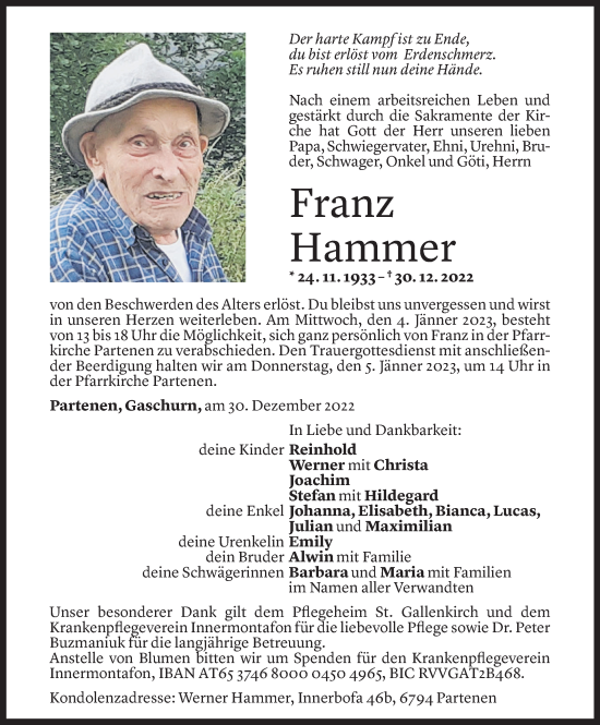 Todesanzeige von Franz Hammer von Vorarlberger Nachrichten