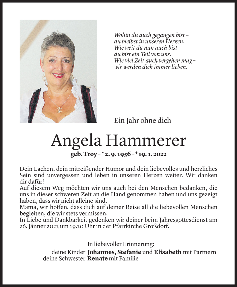  Todesanzeige für Angela Hammerer vom 18.01.2023 aus Vorarlberger Nachrichten