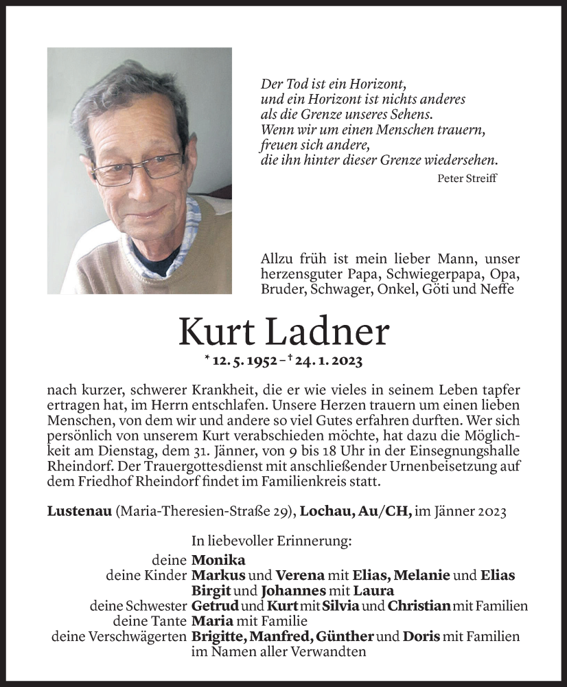  Todesanzeige für Kurt Ladner vom 27.01.2023 aus Vorarlberger Nachrichten