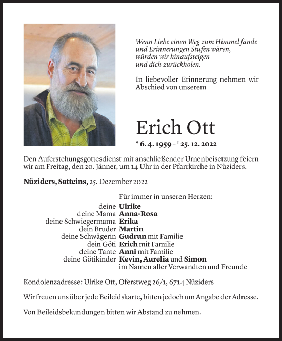 Todesanzeige von Erich Ott von Vorarlberger Nachrichten