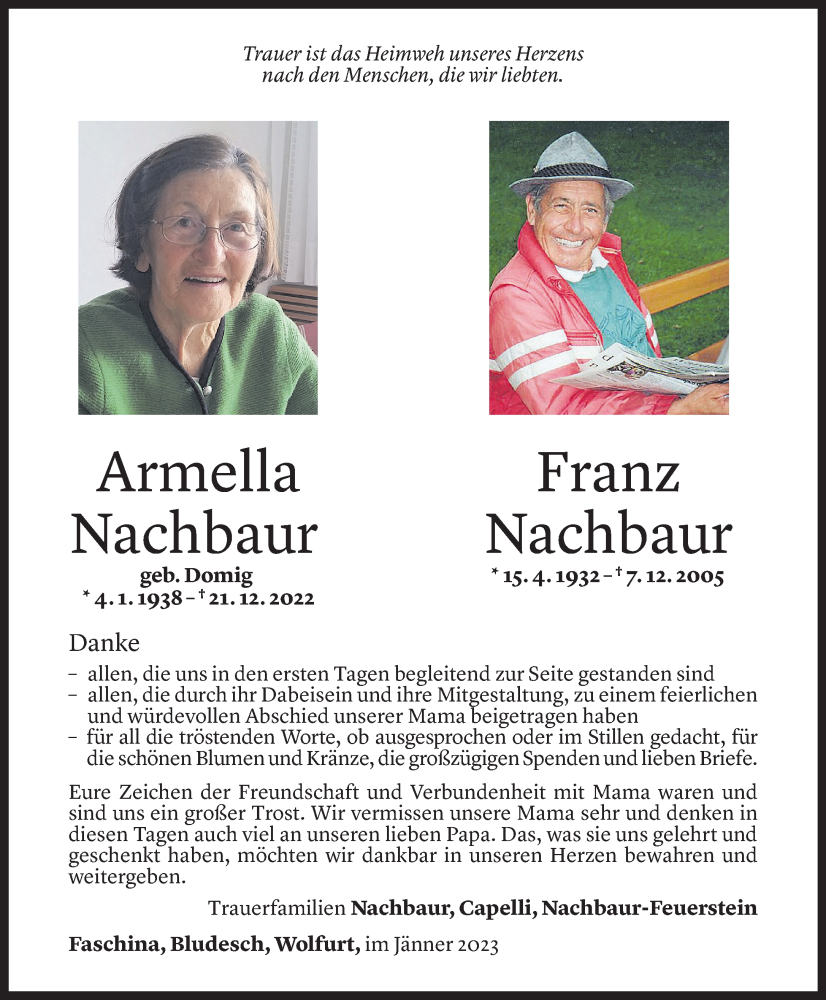 Todesanzeige für Armella Nachbaur vom 27.01.2023 aus Vorarlberger Nachrichten