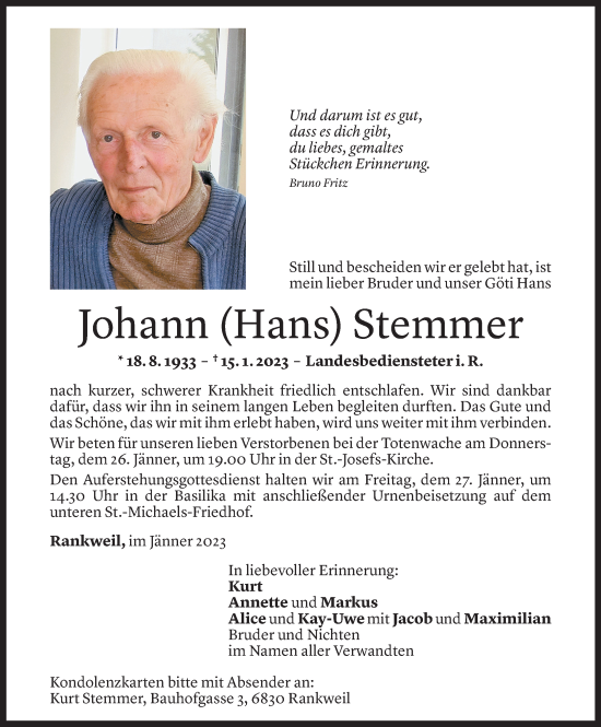 Todesanzeige von Johann Stemmer von Vorarlberger Nachrichten