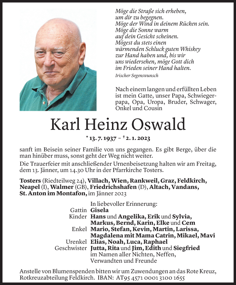  Todesanzeige für Karl Heinz Oswald vom 10.01.2023 aus Vorarlberger Nachrichten