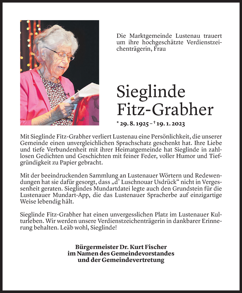  Todesanzeige für Sieglinde Fitz-Grabher vom 23.01.2023 aus Vorarlberger Nachrichten