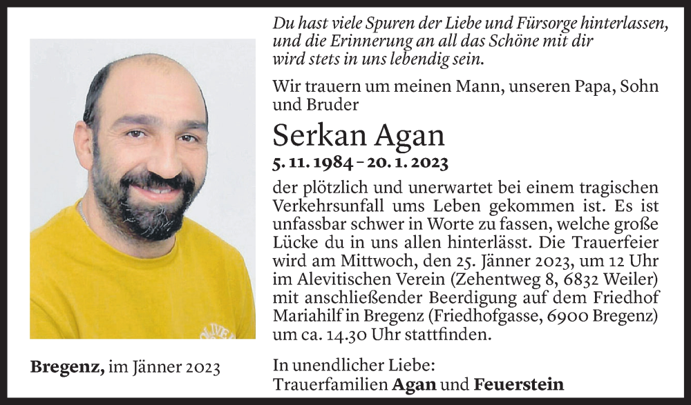  Todesanzeige für Serkan Agan vom 24.01.2023 aus Vorarlberger Nachrichten