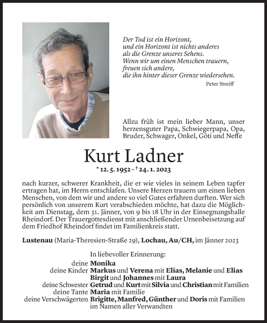 Todesanzeige von Kurt Ladner von Vorarlberger Nachrichten