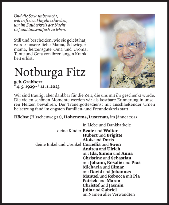 Todesanzeige von Notburga Fitz von Vorarlberger Nachrichten