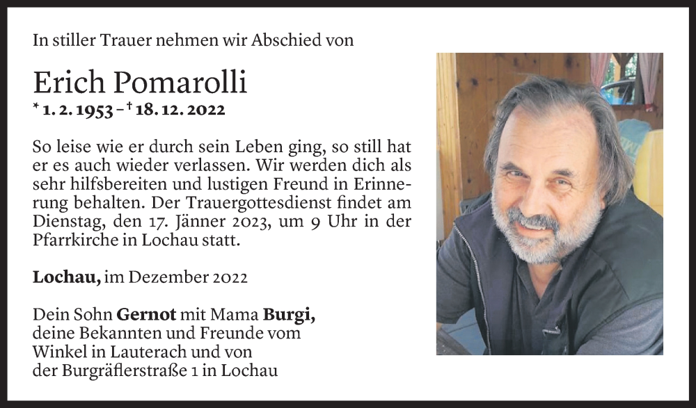  Todesanzeige für Erich Pomarolli vom 11.01.2023 aus Vorarlberger Nachrichten