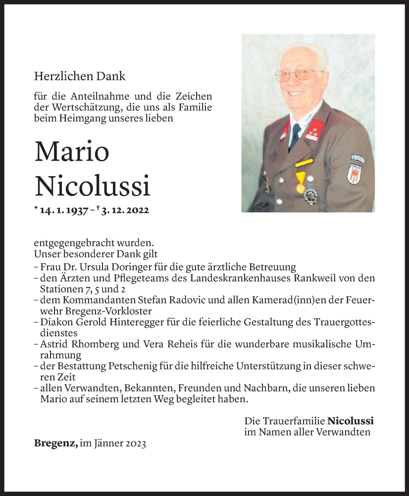  Todesanzeige für Mario Nicolussi vom 03.01.2023 aus Vorarlberger Nachrichten
