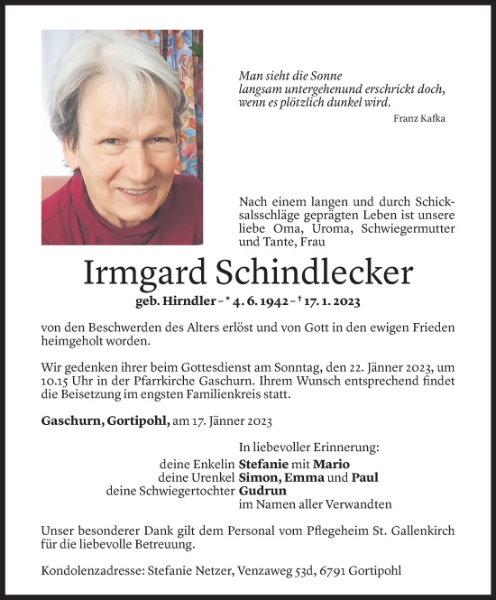 Todesanzeige von Irmgard Schindlecker von Vorarlberger Nachrichten
