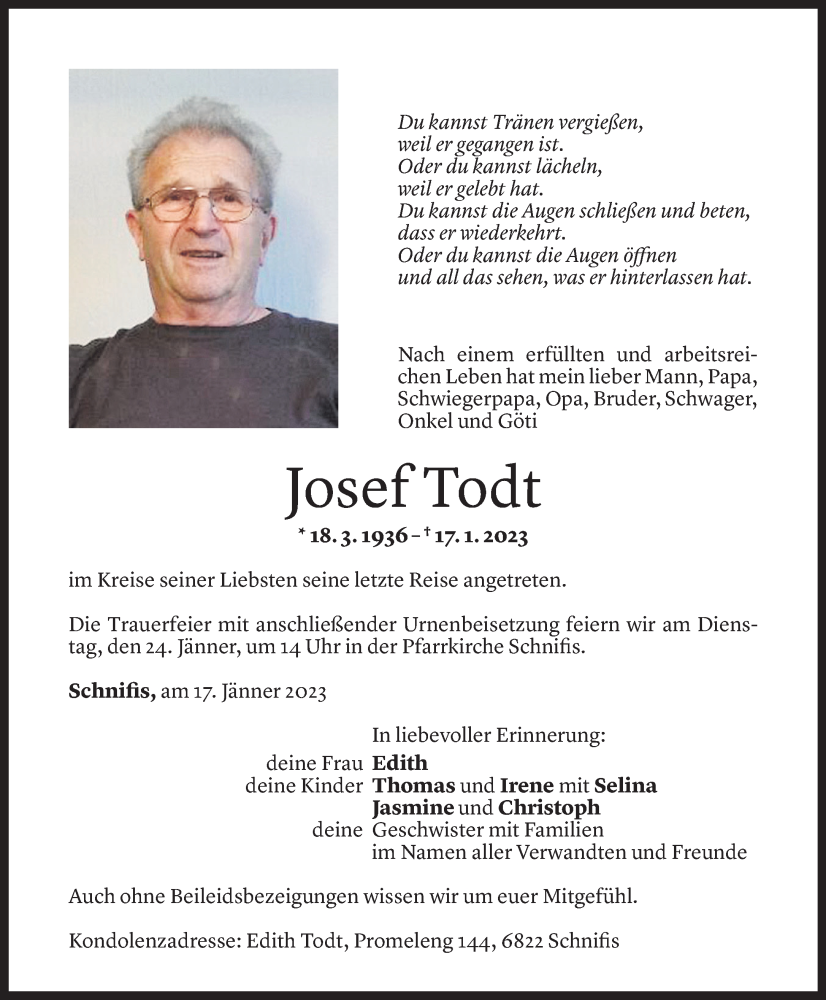  Todesanzeige für Josef Todt vom 20.01.2023 aus Vorarlberger Nachrichten