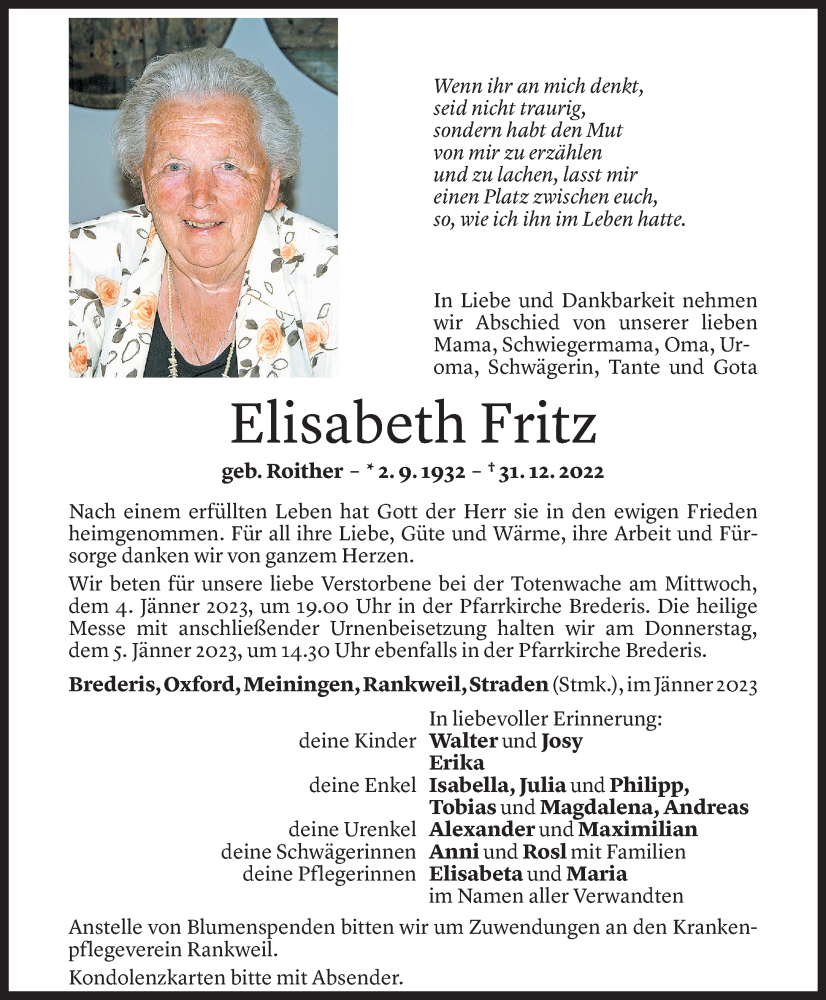  Todesanzeige für Elisabeth Fritz vom 03.01.2023 aus Vorarlberger Nachrichten