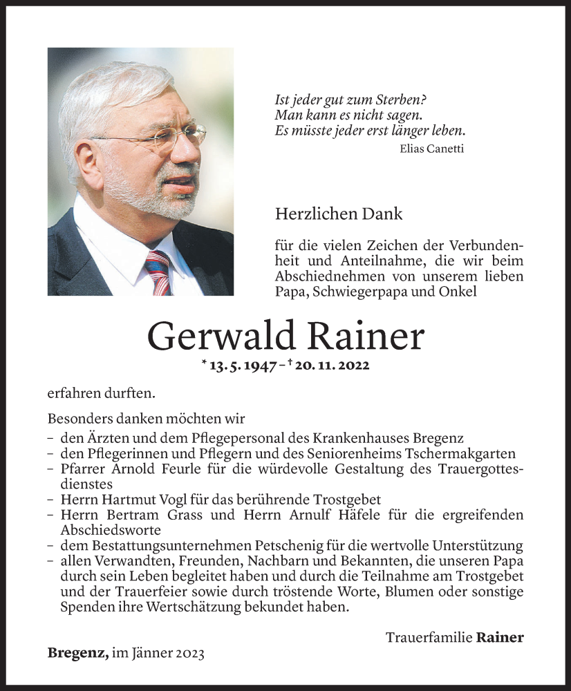  Todesanzeige für Gerwald Rainer vom 06.01.2023 aus Vorarlberger Nachrichten