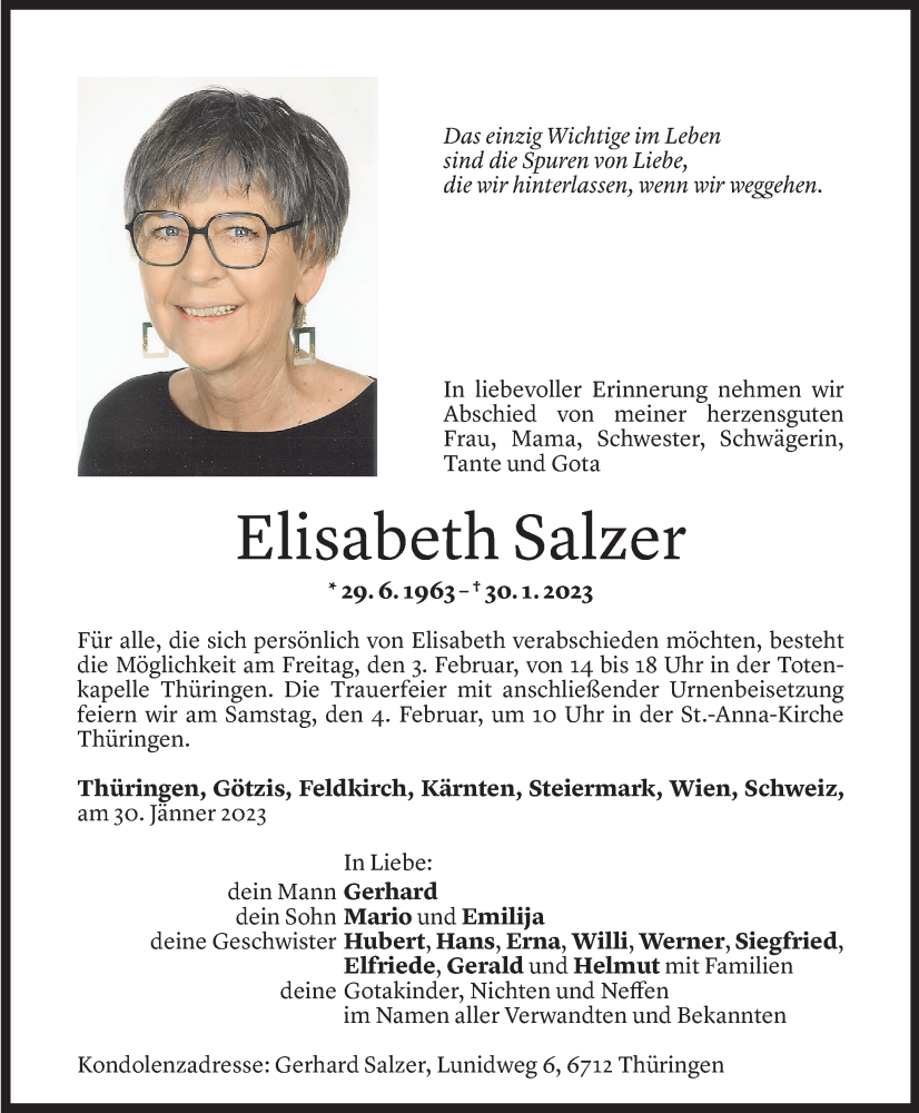  Todesanzeige für Elisabeth Salzer vom 31.01.2023 aus Vorarlberger Nachrichten