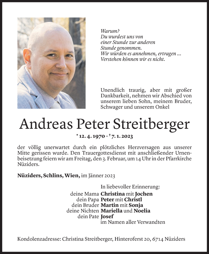  Todesanzeige für Andreas Streitberger vom 31.01.2023 aus Vorarlberger Nachrichten