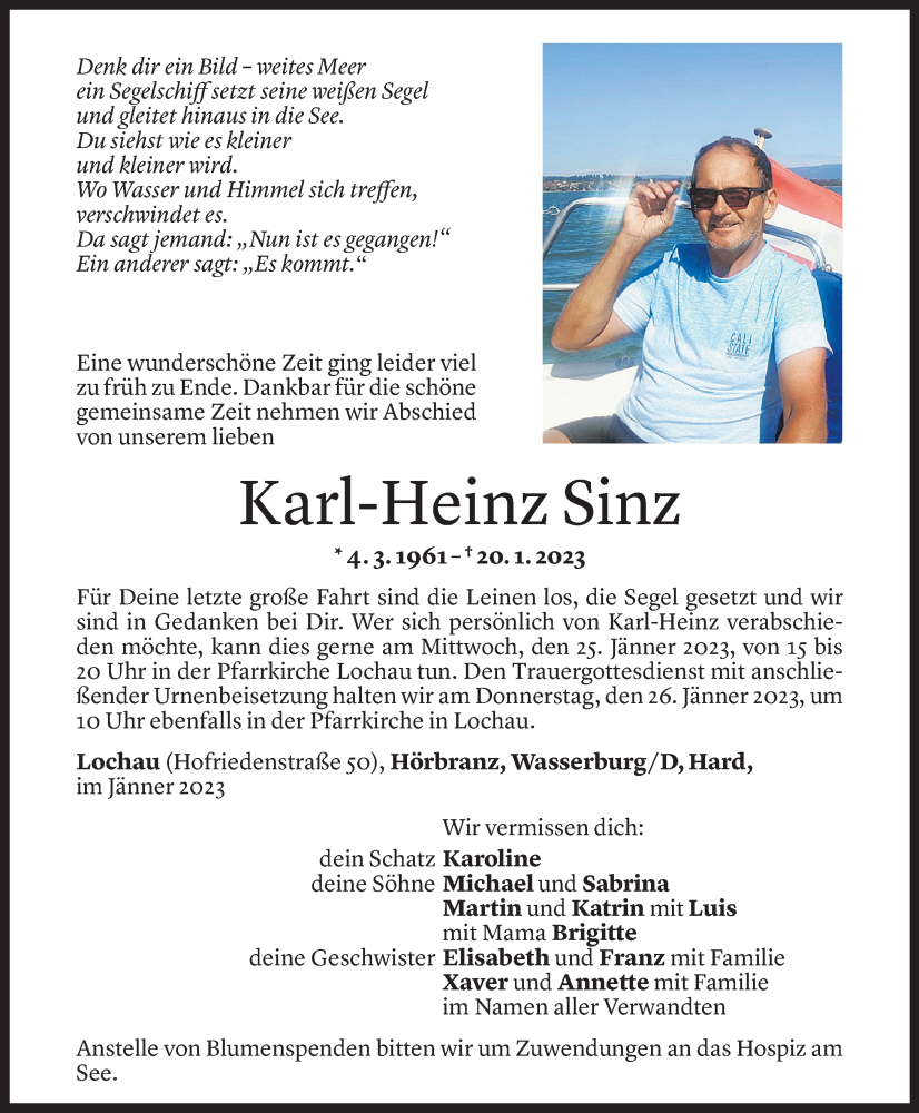  Todesanzeige für Karl-Heinz Sinz vom 24.01.2023 aus Vorarlberger Nachrichten