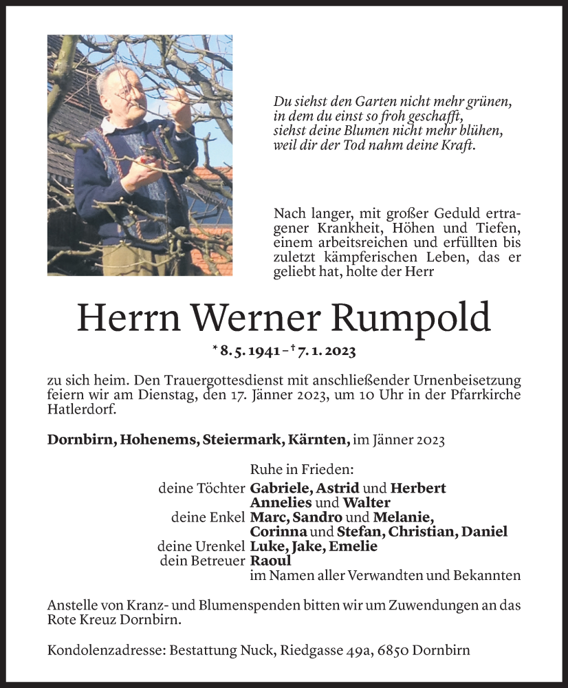  Todesanzeige für Werner Rumpold vom 13.01.2023 aus Vorarlberger Nachrichten