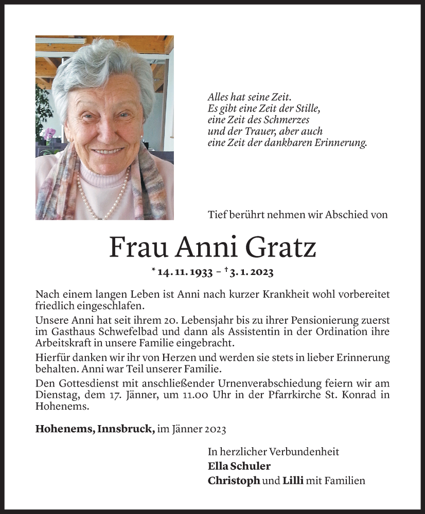  Todesanzeige für Anna Gratz vom 14.01.2023 aus vorarlberger nachrichten