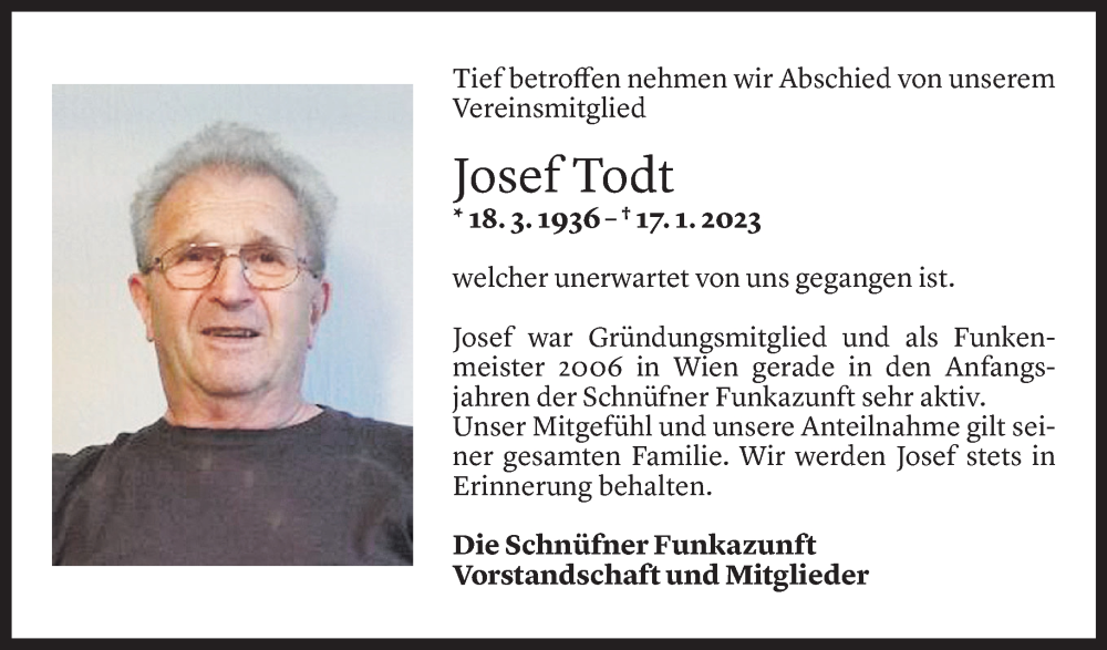  Todesanzeige für Josef Todt vom 20.01.2023 aus Vorarlberger Nachrichten