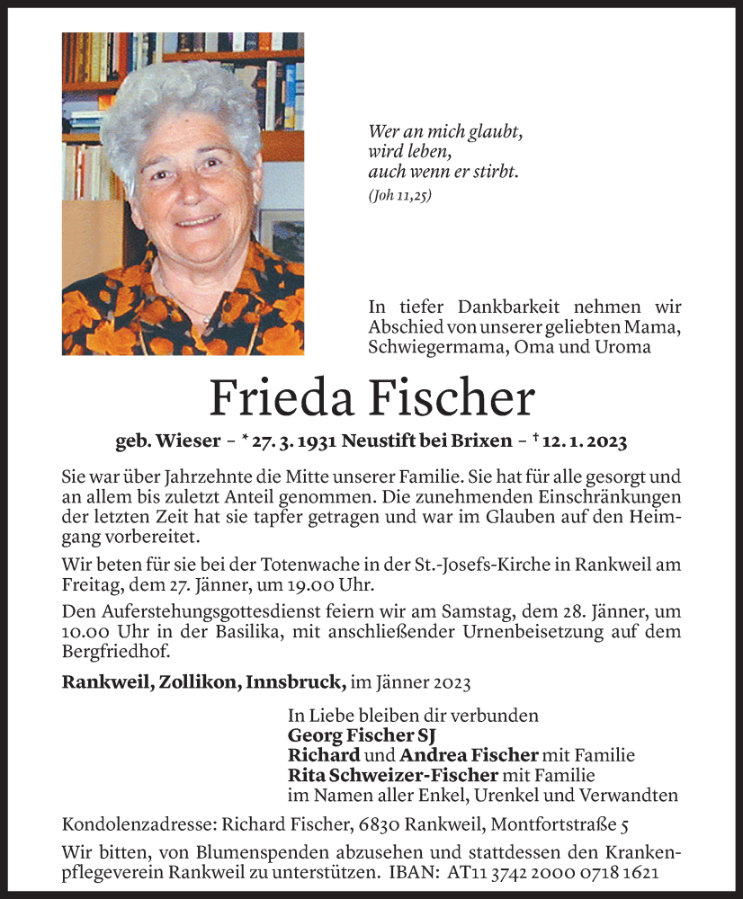  Todesanzeige für Frieda Fischer vom 21.01.2023 aus Vorarlberger Nachrichten