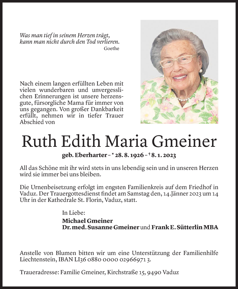  Todesanzeige für Ruth Edith Maria Gmeiner vom 11.01.2023 aus Vorarlberger Nachrichten