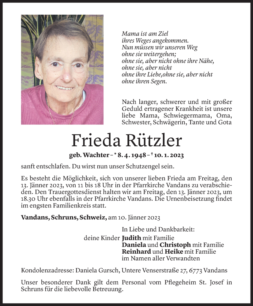  Todesanzeige für Frieda Rützler vom 12.01.2023 aus Vorarlberger Nachrichten