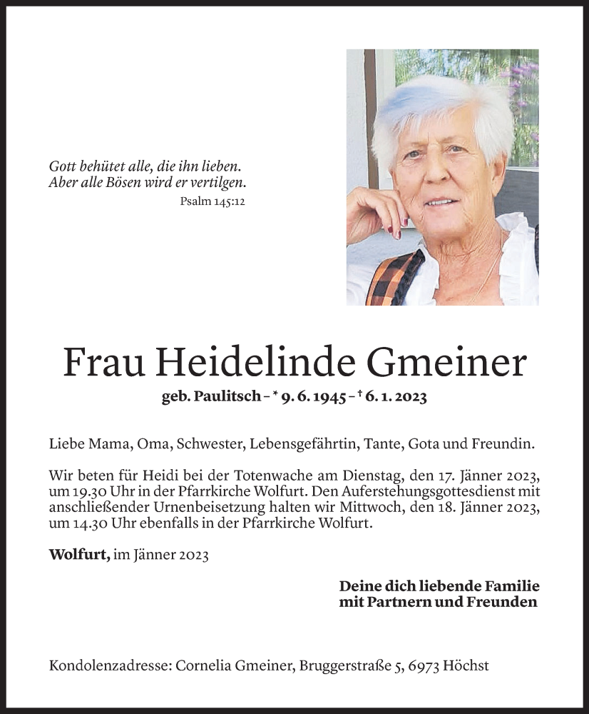  Todesanzeige für Heidelinde Gmeiner vom 13.01.2023 aus Vorarlberger Nachrichten