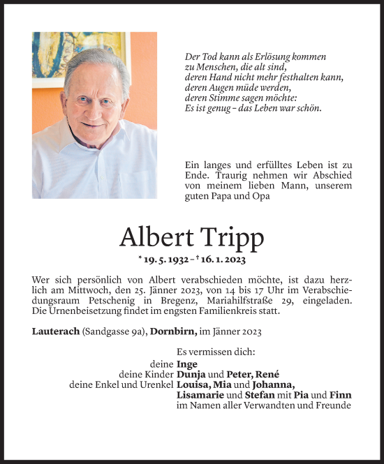 Todesanzeige von Albert Tripp von Vorarlberger Nachrichten
