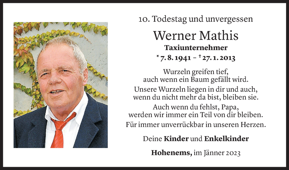  Todesanzeige für Werner Mathis vom 28.01.2023 aus Vorarlberger Nachrichten