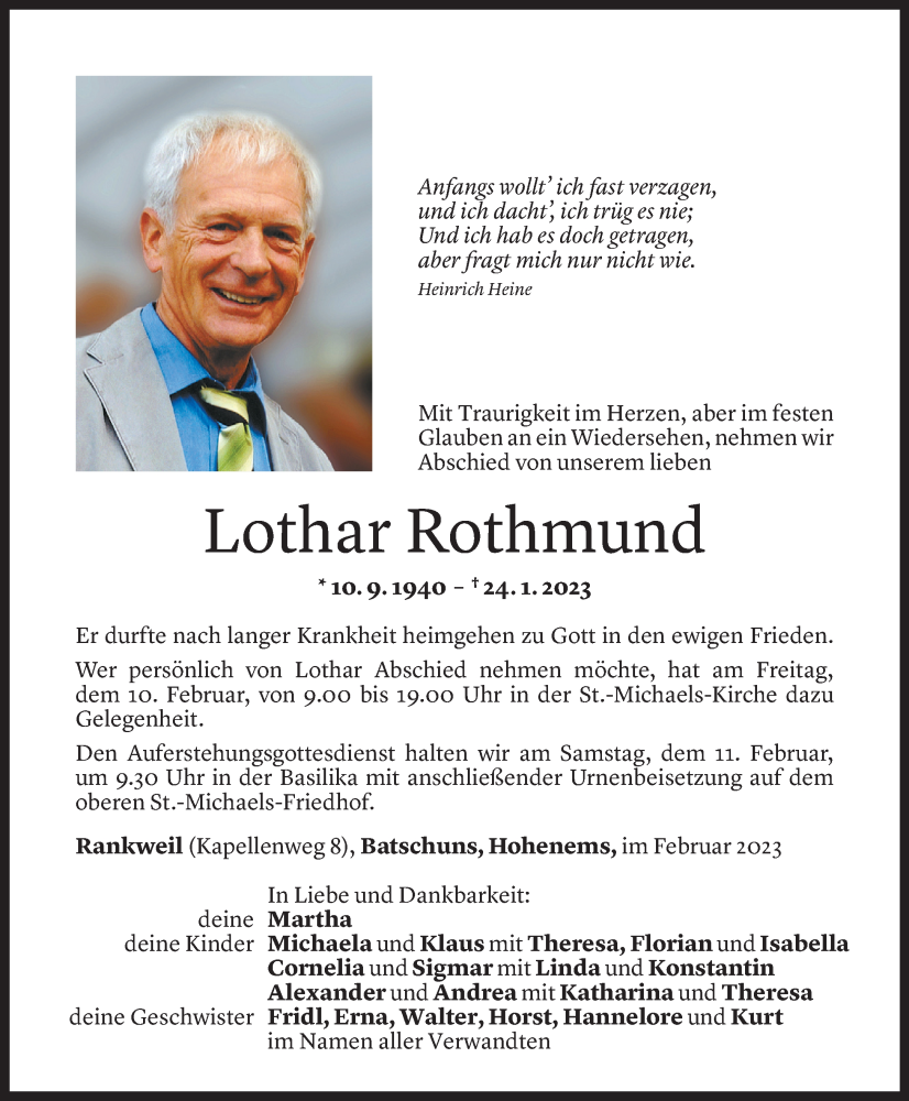  Todesanzeige für Lothar Rothmund vom 04.02.2023 aus Vorarlberger Nachrichten