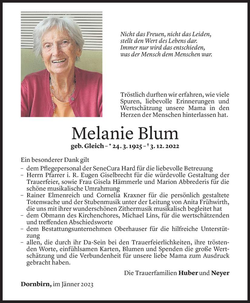  Todesanzeige für Melanie Blum vom 18.01.2023 aus Vorarlberger Nachrichten