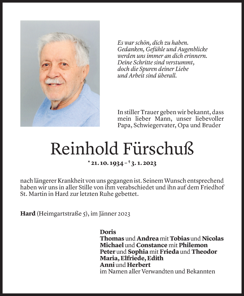  Todesanzeige für Reinhold Fürschuß vom 14.01.2023 aus Vorarlberger Nachrichten